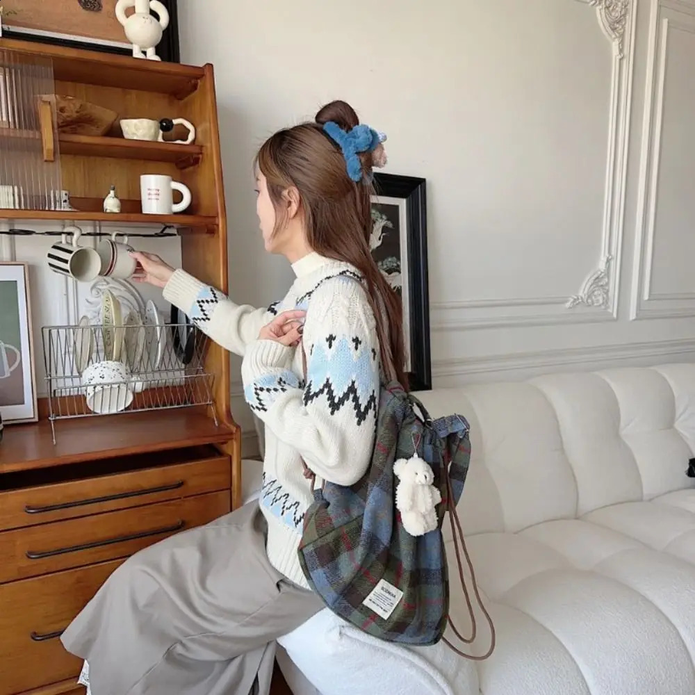 Korean style checkered drawstring bag with large capacity and fashionable checkered drawstring backpack for hiking outdoor Y2k backpack 240912
