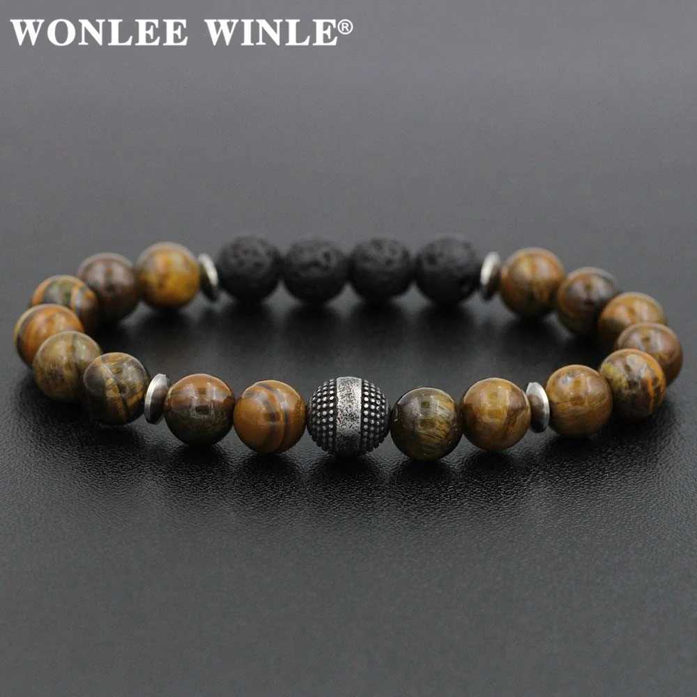 8mm natural stone bead elastic bracelet suitable for mens and womens stainless steel round ball charm chain bracelets W240913