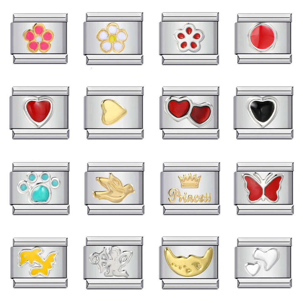 Bead Bracelet With Gold Plated Stamping Pattern, Enamel DIY Elastic Personalized Strap Chain Italian Charm Links Fit 9Mm Bracelet Jewelry DIY Making G