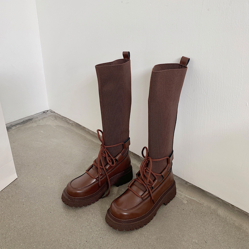 Knitted Stretch sock boots women lace-up long tube riding botas thicken soled stovepipe botte femme slim knee-high botines 2021