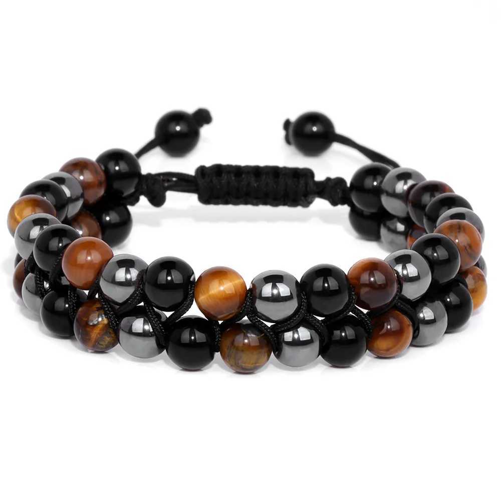 Mens triple protection stone bead bracelet double-layer tiger eye hematite obsidian rope packaging bracelet handmade jewelry gift W240913