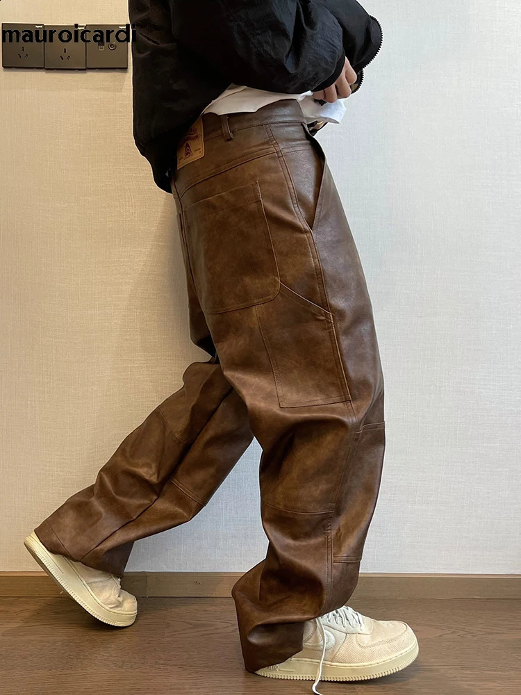Mauroicardi Autumn Long Retro Cool Baggy Distressed Washed Brown Soft Pu Leather Wide Leg Pants for Men Clothes 240911