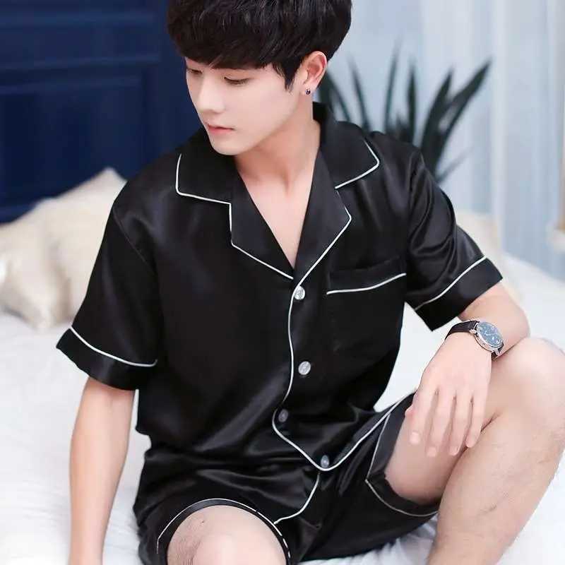 Summer Solid Color Mens Pajamas Silk Satin Sleepwear Big Size Short Sleeve Button-Down Pyjamas Home Suit Pijama Lounge Pjs Sets Y240913