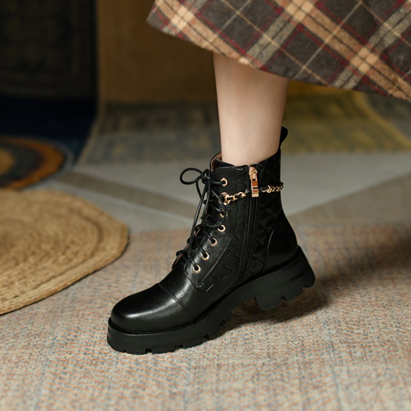 Winter New Round Toe Thick Heel 2021 Fashion Dia Lattice Fall Shoes Women Designer Boots 266c