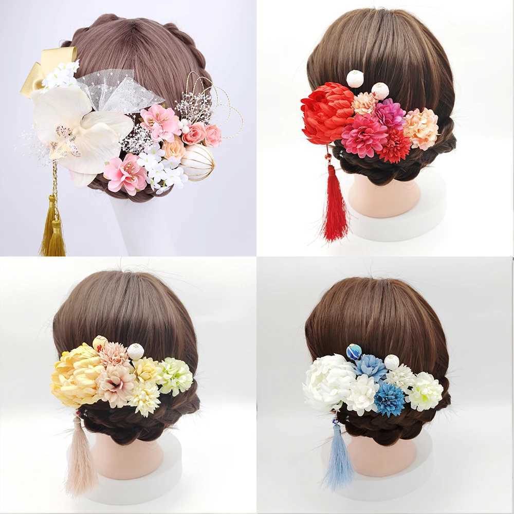 Japanese Handmade Fabric Flower Hair Accessories Clip Tassel Kimono Hairpin Headdress Geisha Barrette Wedding Festvial HairpinsX240913