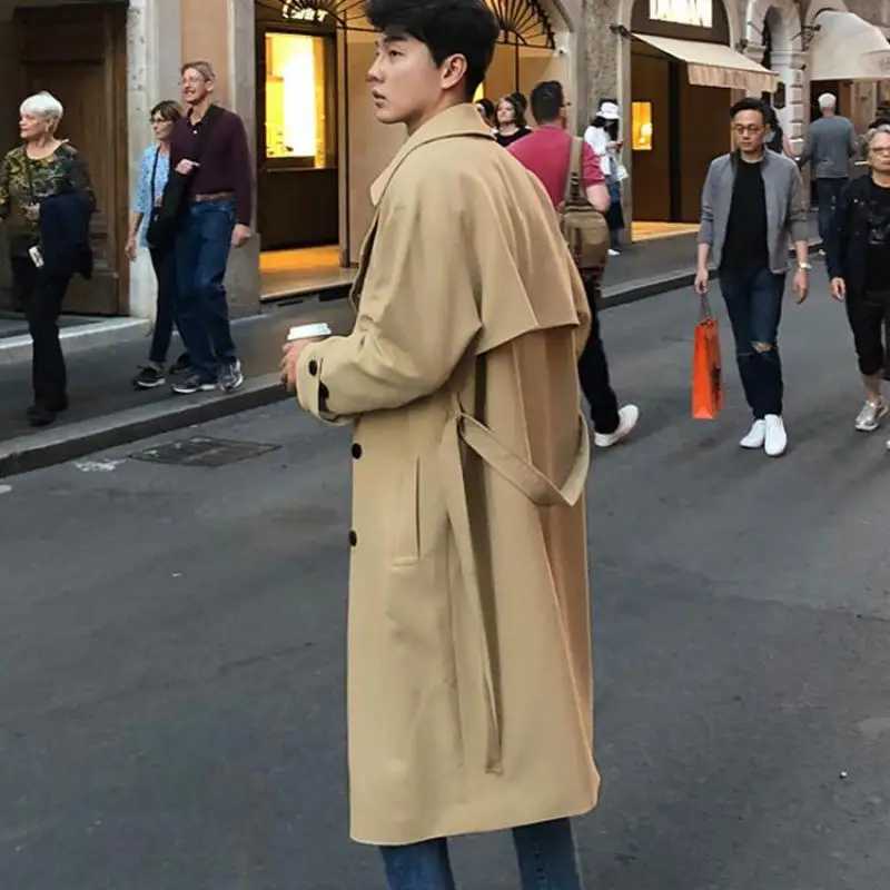 Mens Trench Coat Slim fit Double Breasted Belted Windbreaker Lapel Long Jacket Casual Windproof Overcoat in Mens Trench M-XXL Y240913