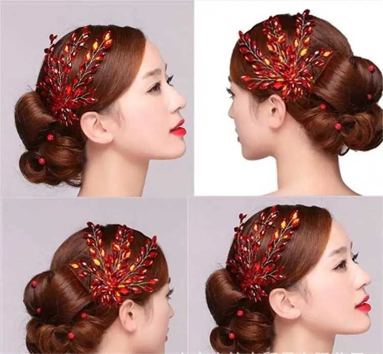 Big Leaf Bridal Head Jewelry Piece Flower Red Rhinestone Hair Vine Chinese Wedding Hair Accessories For Bridesmaid Head DressX240913