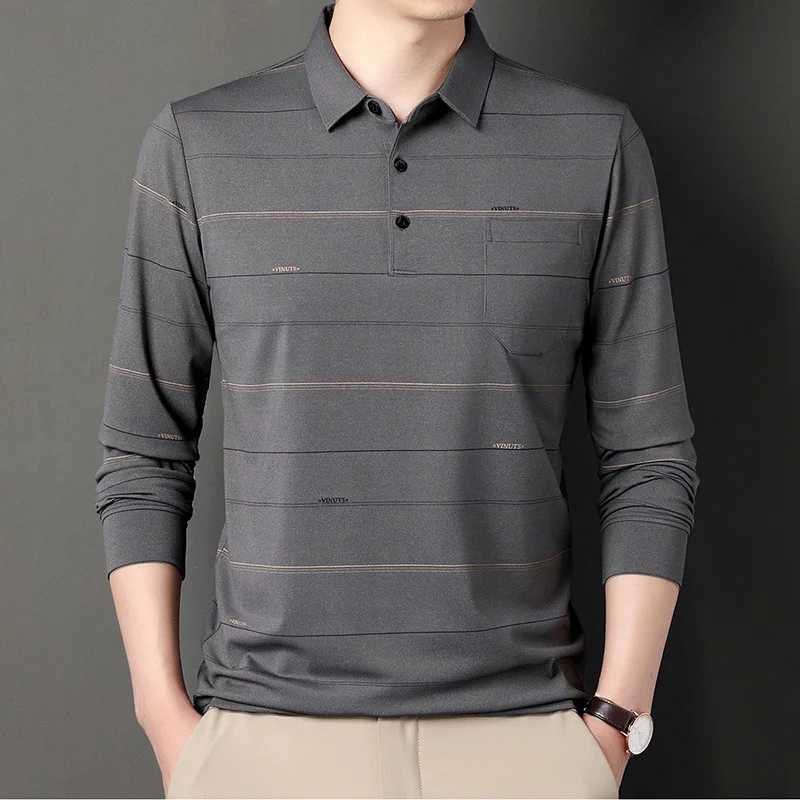 Mens high-quality Korean fashion striped polo shirt spring and autumn casual long sleeved T-shirt mens Pullover basic top W240913