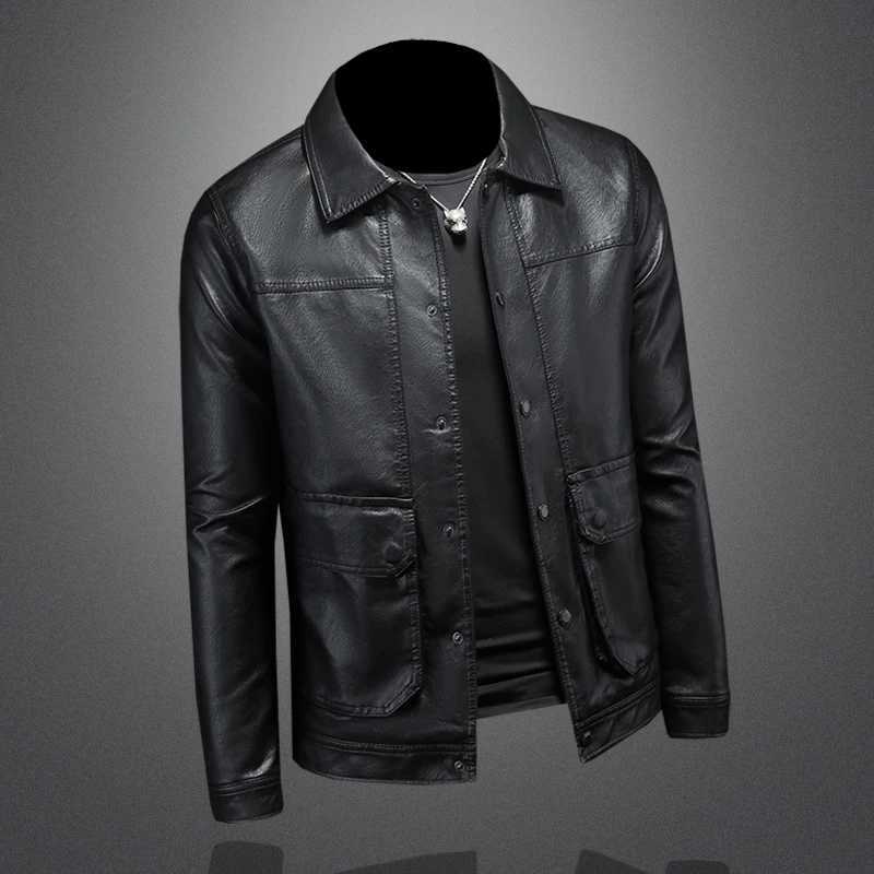 Autumn and winter mens jacket with a lapel and single breasted slim fit leather jacket motorcycle leather jacket M-4XLX240913