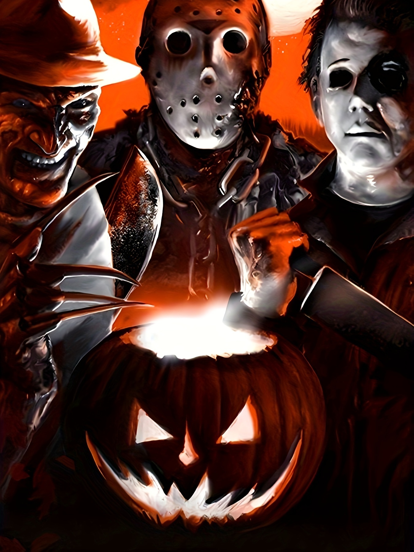 Festive 3D Printed Horror Characters and Pumpkin Hoodie for Men - Party Wear, Polyester Material, Long Sleeves, Regular Fit, Digital Heat Transfer Pri