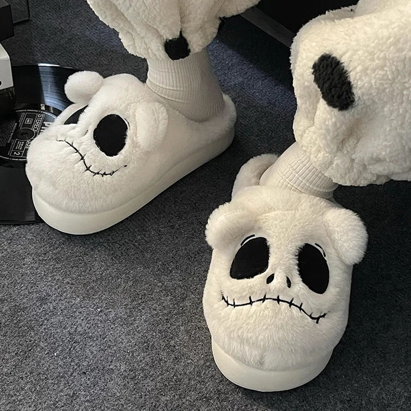 Women Halloween Gothic Home Fur Slipper Winter Plush Warm Indoor Cotton Shoes Cute Funny Ghost Skull Thick Sole Soft Slides 240911