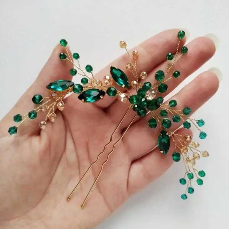 Hair Pins for Women Head Jewelry Wedding Hair Accessories Green Rhinestone Handmade Bridal Headwear Prom Bride HeadwearX240913