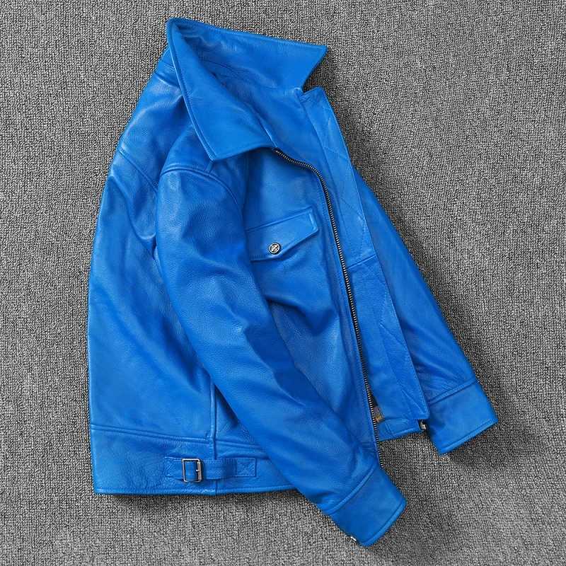 Free shipping.fashion brand men leather jacket.blue slim cowhide leather garments.dropship cheap leather clothes.Plus sizeX240913