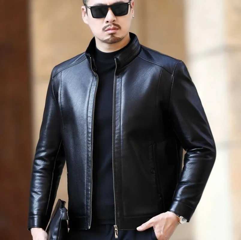 Men Leather Jacket Mens Stand-up Collar Business Casual Fur One-piece Mens Super Soft SE Plush Liner Warm JacketX240913
