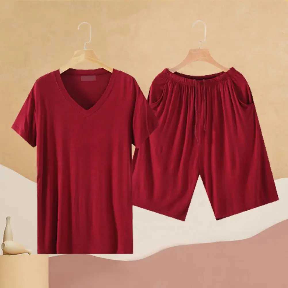 Summer Men Loungewear Breathable Viscose Solid Color Short Sleeve Men Sleepwear With Pocket Loose Elastic Male Shorts Pajamas Y240913