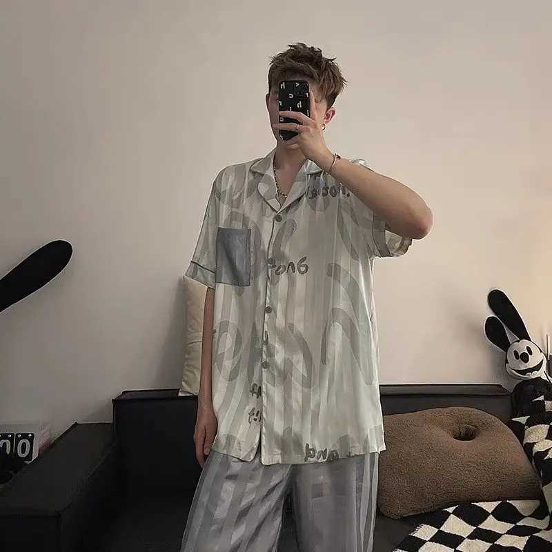 Pijamas Men Ice Silk Sleepwear Short Sleeve Tops Cardigan Shorts Two-piece Sets Summer Loungewear Casual Pajamas Sets New Y240913