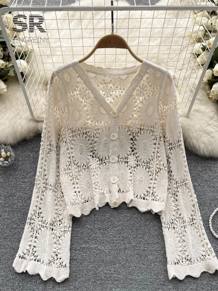 SINGREINY Summer Sunscreen Floral Cardigan V Neck Long Sleeves Loose Knitted Top Fashion Beach Vacation Casual Blouse 240910