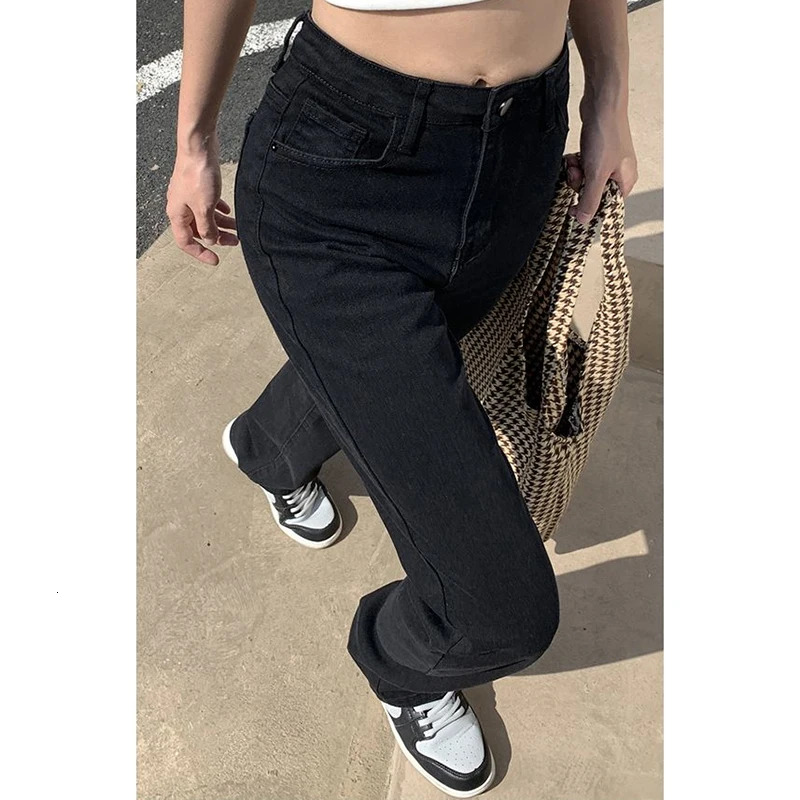 Woman Korean High Waist Streetwear Straight Leg Jeans Girls Y2k Clothes Pants Female Fashion Black Baggy Haruku Denim Trousers
