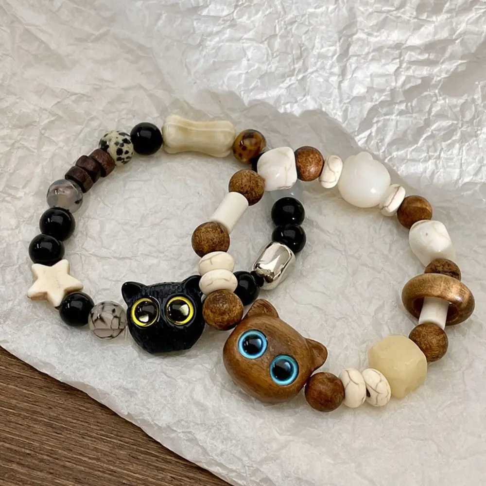 New Chinese Style Black Cat Bracelet Wooden Hand Rope Cartoon Bracelet Glass Jewelry Accessories Handmade Bead Bracelet for Girls W240913