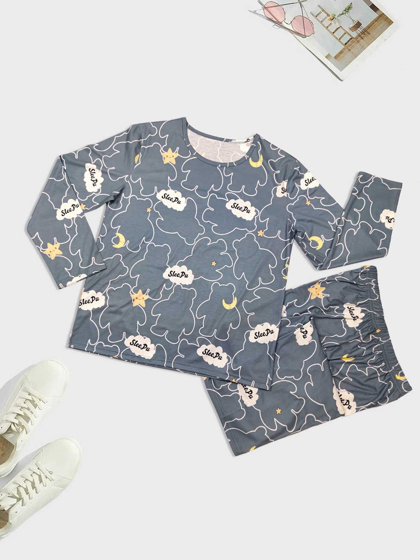 Mens Fashion Lazy Casual Style Pajamas Cartoon Full Flower Pattern Home Furnishing Set Long sleeved Pants Two piece Set for Men Y240913