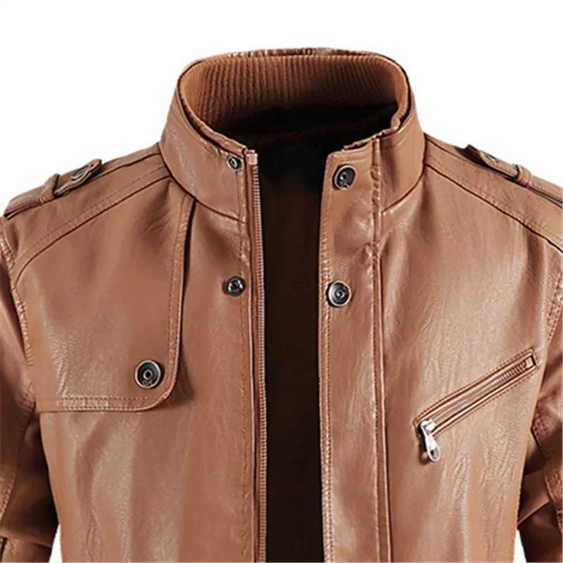 New Winter Long PU Leather Jackets Men Stand Collar Windbreaker Faux Outerwear Motorcycle Casual Warm Leather Coats Man ClothingX240913