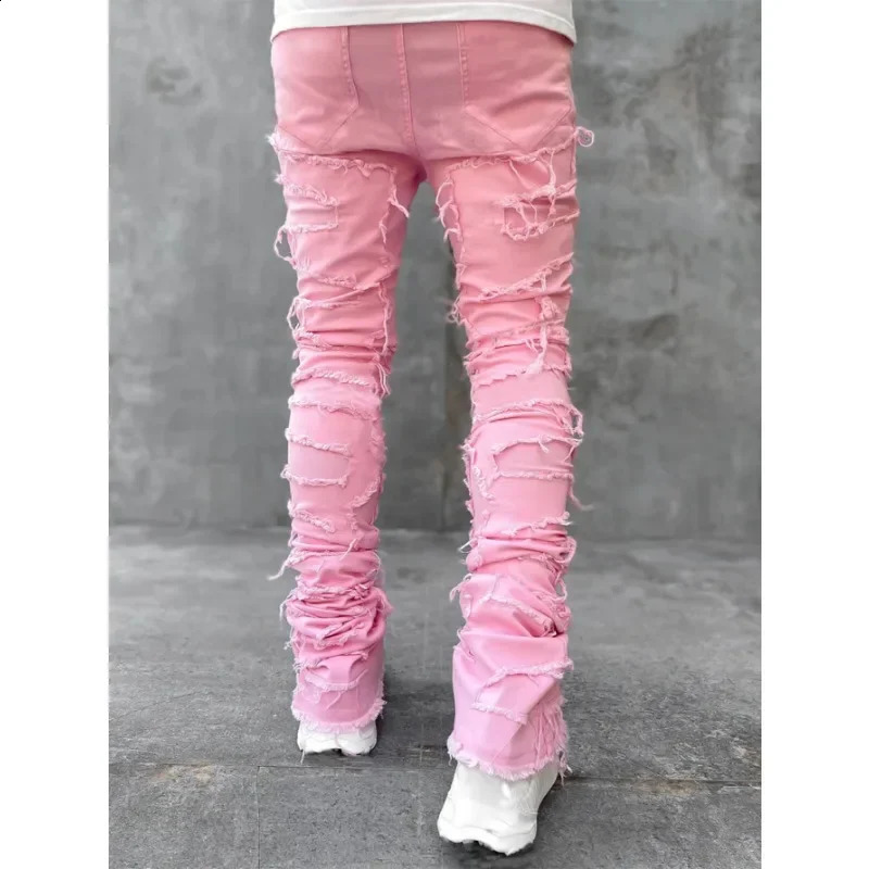 Mens Skinny Jeans Fringe Hip-hop Raw Edge Elastic Patch Punk Rock Long Tight Fit Stacked Jeans Denim Pants Blue Pink Streetwear 240912