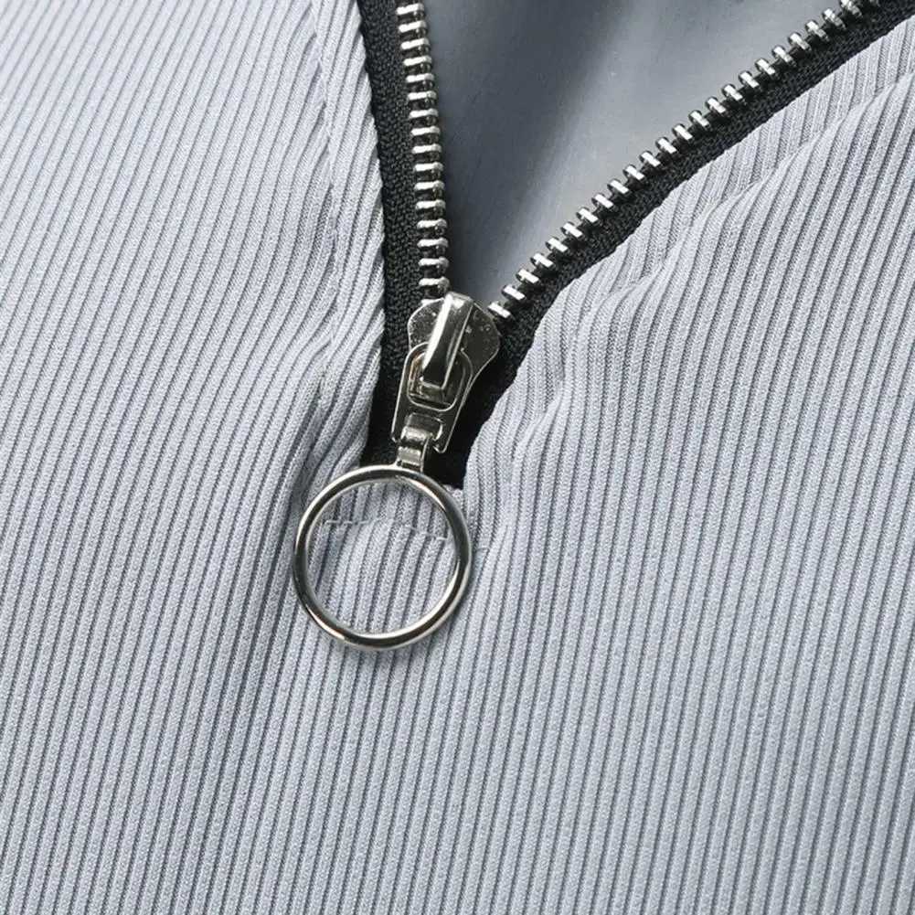 Mens solid color long sleeved V-neck satin elastic street clothing spring and autumn slim fit zipper T-shirt top-level mens clothing W240913