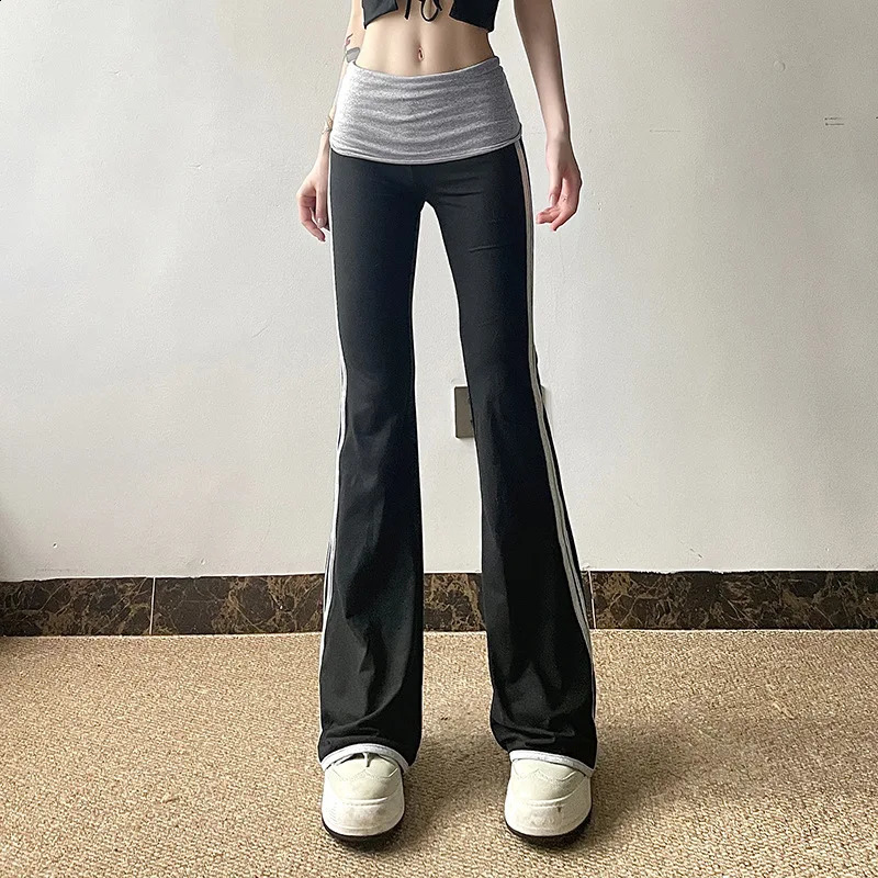 Y2K side striped glitter pants for womens streetwear contrasting color patches work boots cut sports retro Trouser low waist 240913