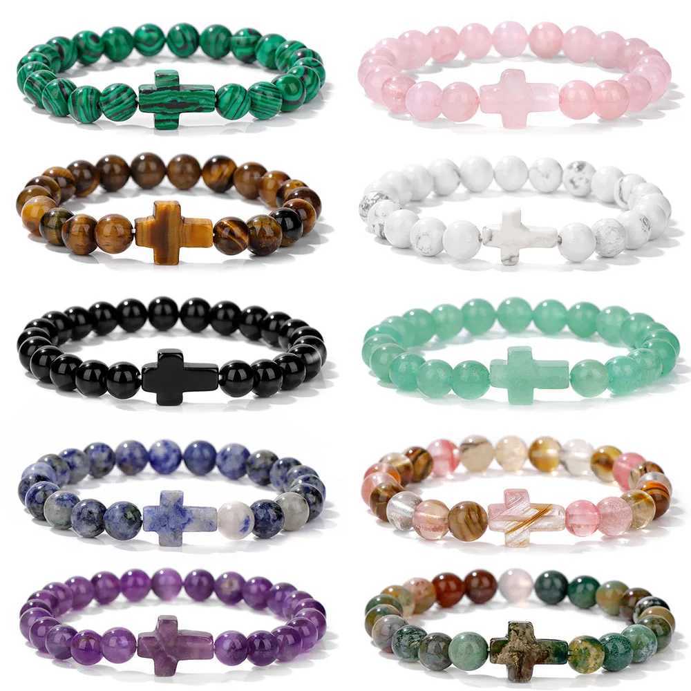 Natural stone cross bracelet for men prayer meditation rose quartz tiger eye agate bead bracelet yoga jewelry for men W240913