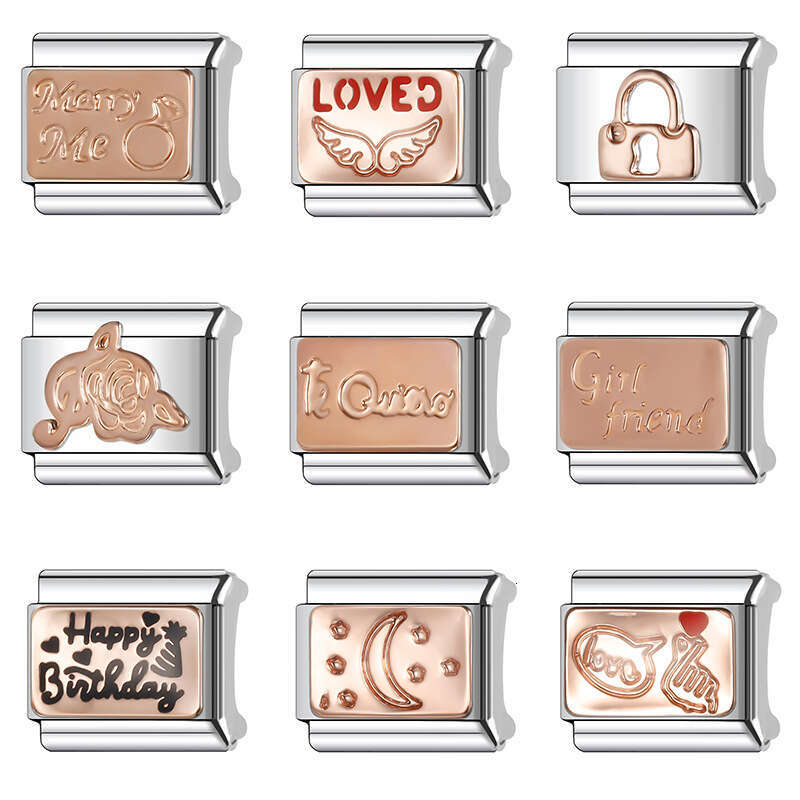 New Women's Gift Rose color heart house Bead Italian Charms Links Bangle Beads Fit 9mm Stainless Steel Bracelet Making DIY For Women Fashion Jewe