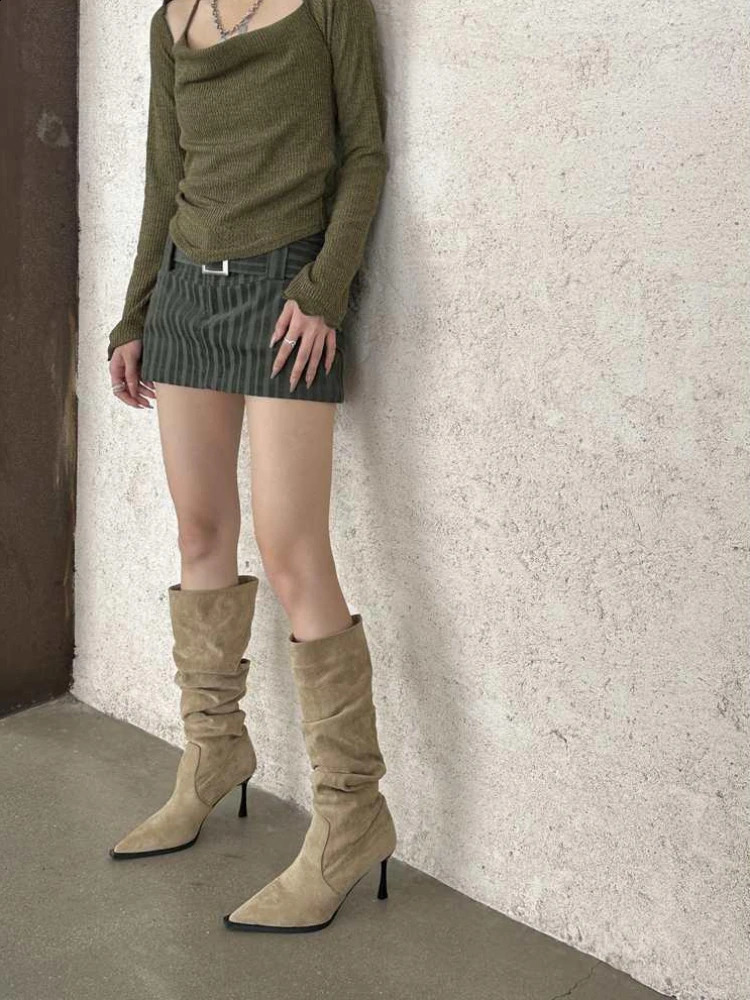 Womens Boots Winter Knee High Shaft Heels Footwear Long Shoes for Woman Elegant Heeled Elastic Pointed Toe Goth in Y2k Rock 240910