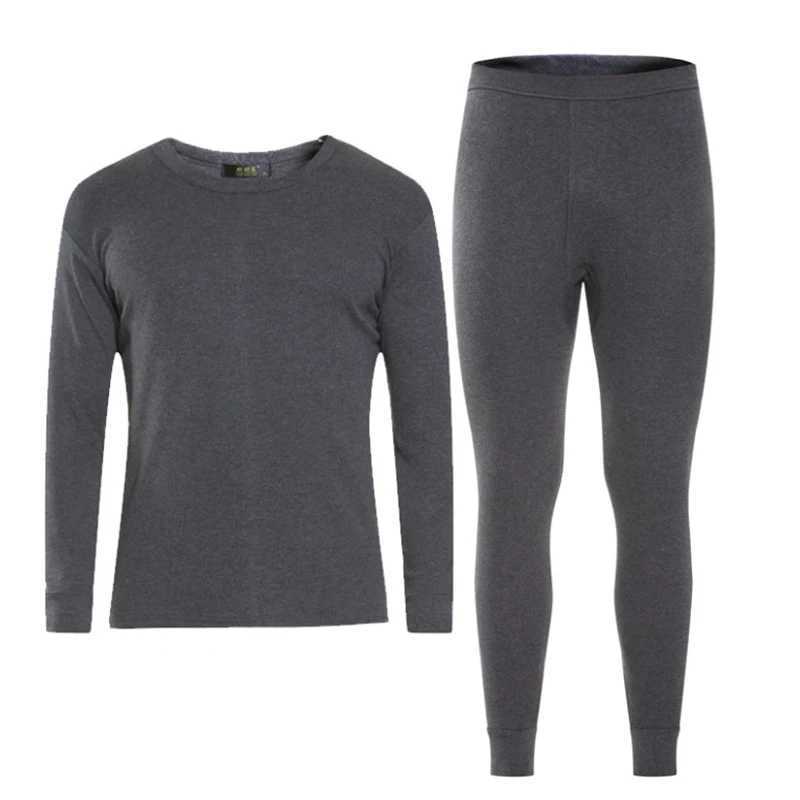 Mens autumn and winter velvet pajama set solid color thermal underwear round neck fleece thick pajama pants Y240913