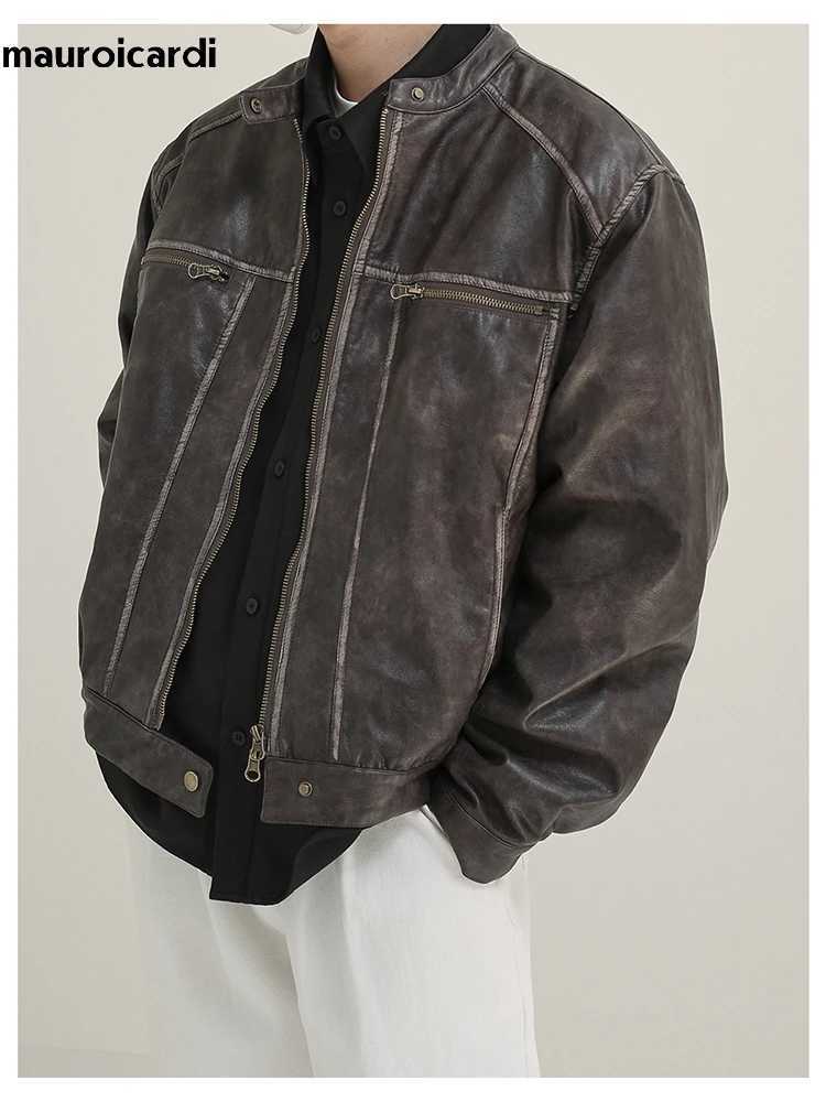 Mauroicardi Spring Autumn Short Vintage Cool Distressed Washed Pu Leather Moto Biker Jacket Men Zipper Luxury Designer ClothesX240913