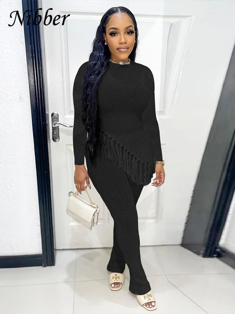 Nibber Autumn Casual Two Piece Set Women Irregular Tassel Chic Top Stretch Flare Pant Female Streetwear Outfits Tracksuit 240910