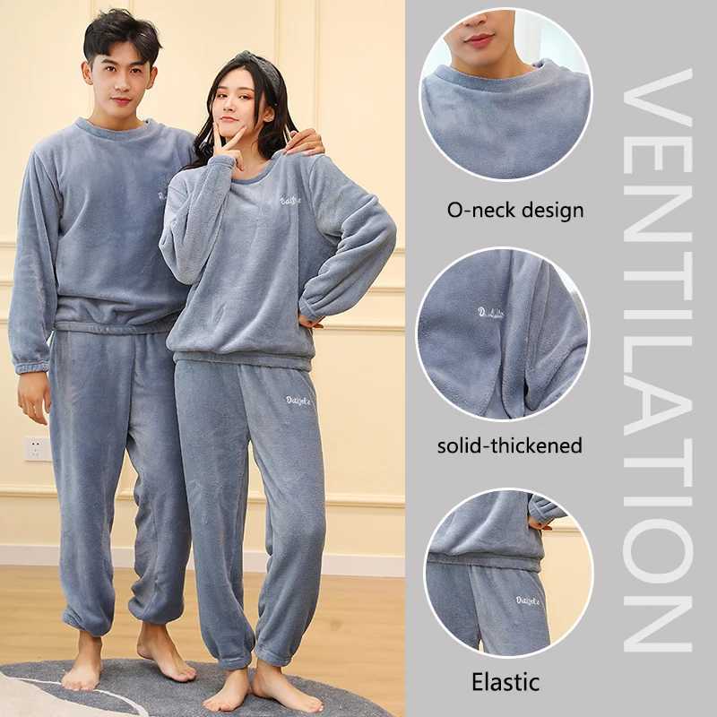 Thickened Warm Men Coral Velvet Pajamas Autumn Winter Homewear Long-Sleeved Long Trousers Solid Soft Sleepwear 2PCS/Set Couple Y240913