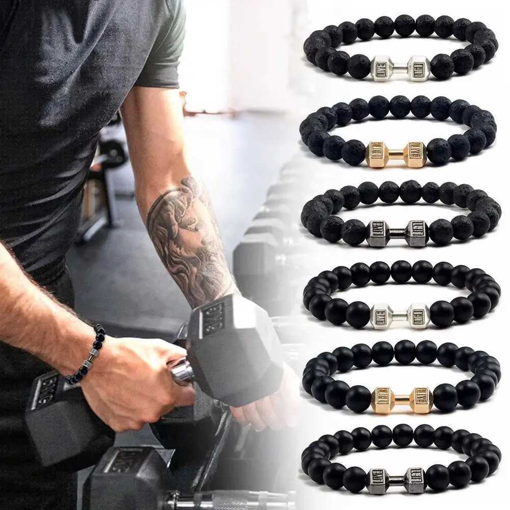 Natural Black Volcanic Molten Rock Dumbbell Bracelet Black Matte Bead Bracelet Fitness Barbell Jewelry Pulseras Women W240913
