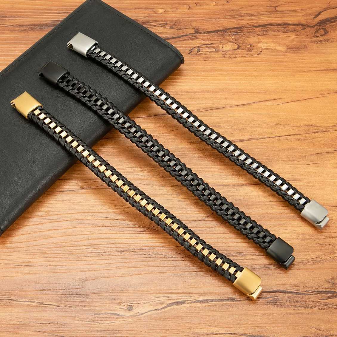 XQNI Braided Rope Woven Black Leather Men Bracelets Punk Style Stainless Steel Bangle for Friend Charm Fashion Jewelry GiftsX240913