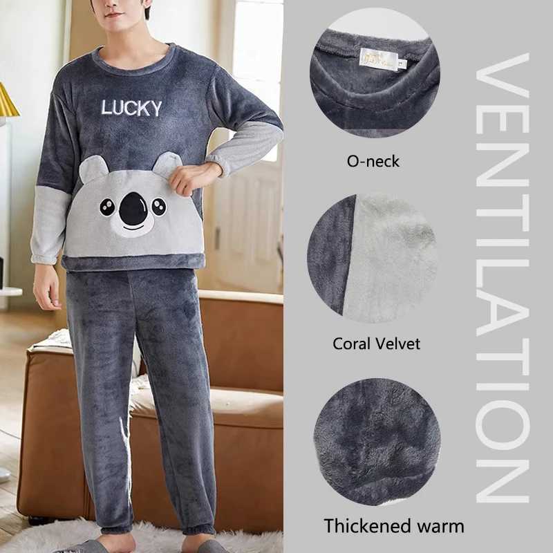 2pcs/Set Mens Pajamas Homewear Autumn And Winter Padded And Thickened Warm Flannel School Uniform Pajamas Coral Fleece boy clot Y240913
