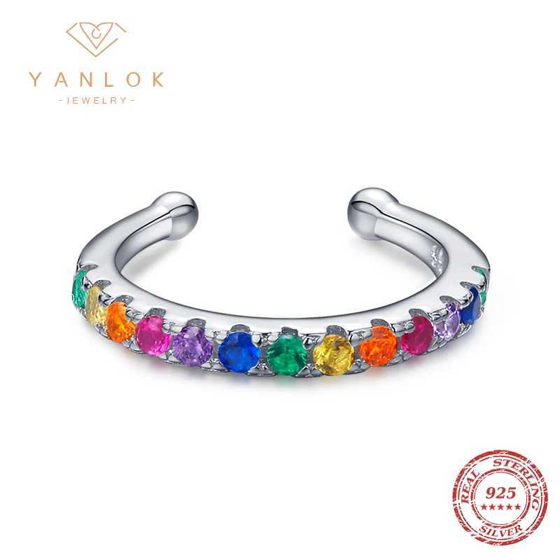 YANLOK Cool Girl Ear Cuff 925 Sterling Silver Geometric Rainbow Crystal C-Shape Single Clips Earring for Women Jewelry BijouxX240913