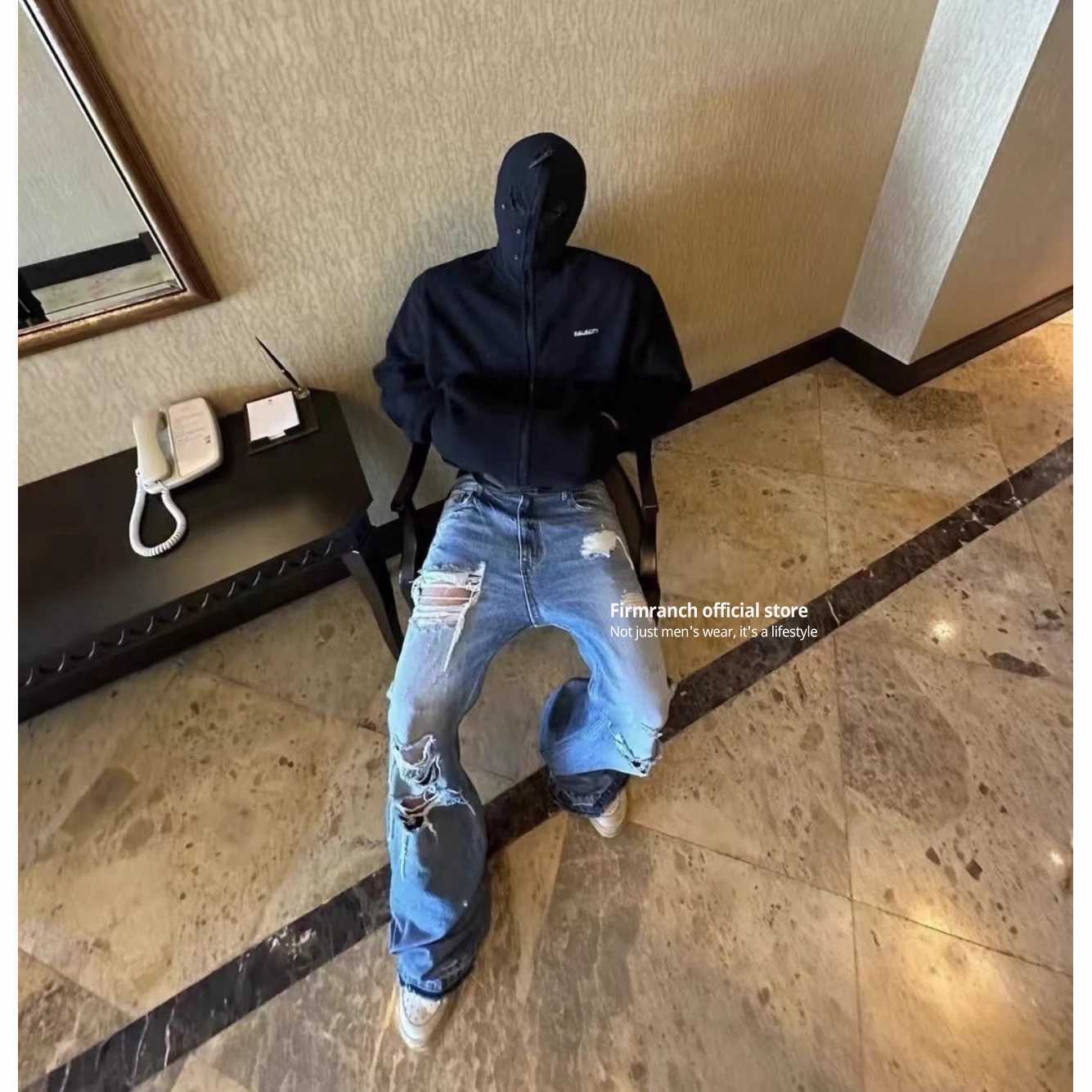 Firmranch New Korean Blue Ripped Jeans For Men Women Worn Mopping Length Flared Denim Pants Streetwear Catwhiskers Trousers M240912