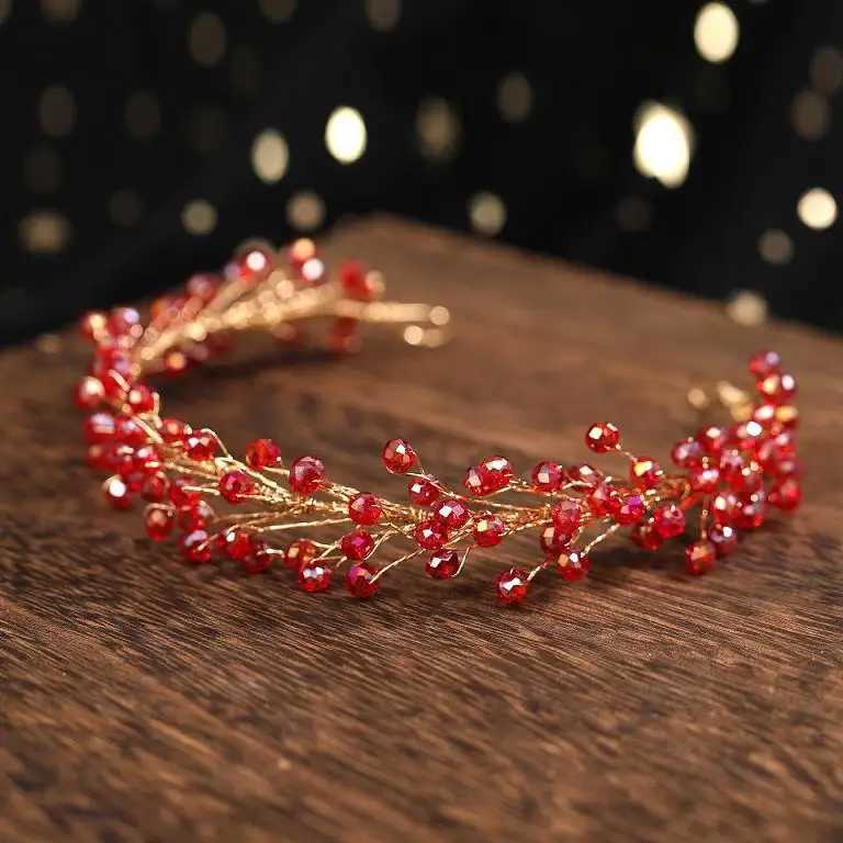 Red Rhinestone Bridal Hair Comb Headband Crystal Wedding Head Accessories Jewelry Fashion Handmade Bride Party HeadpieceX240913