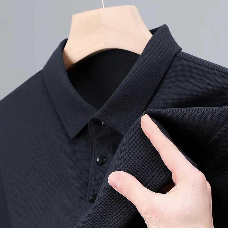 Mens Fashion Waffle Solid Long Sleeved Polo Shirt Summer Breathable Comfortable TopX2409