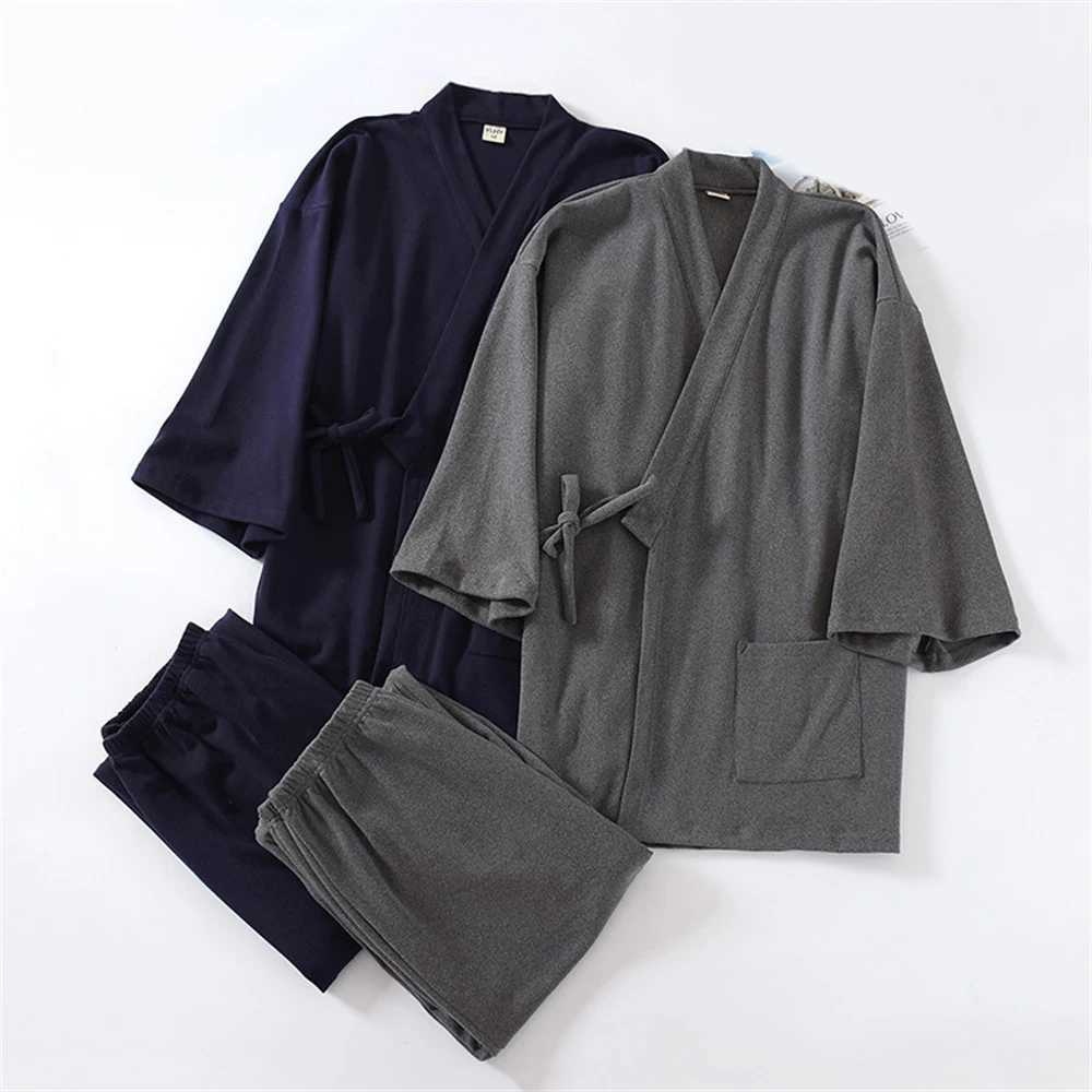 Autumn Winter Thick Mens Kimono Pajamas Suit Lace-up Yukata Tops Elastic Waist Trousers Set Home Costumes Boy Sleepwear Gift Y240913