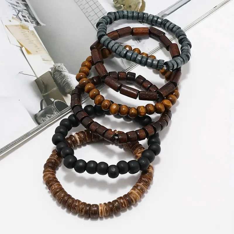 6-piece/set fashionable mens handmade bead bracelet retro style multi-layer elastic wooden bead coconut shell charm bracelet W240913