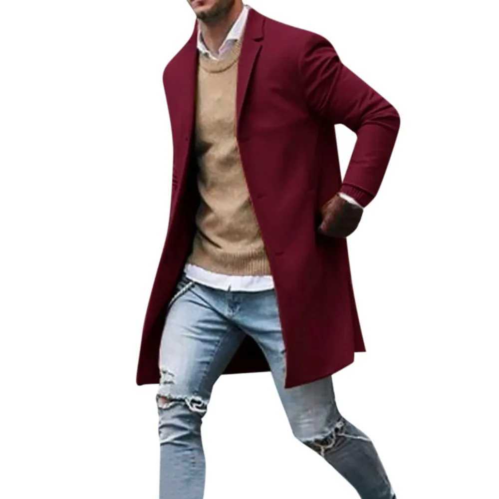 Mens Windbreaker Woolen Blend Coat Autumn Winter Fashion Solid Color Single Breasted Male Coat Large Size Casual Trench coats Y240913