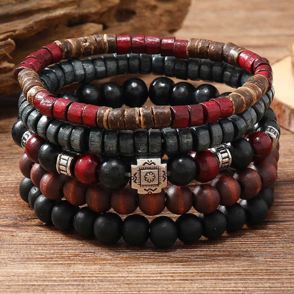 Cross Life Tree 5-piece/set retro bronze ethnic leisure wood bead feather charm leather womens bracelet mens jewelry W240913