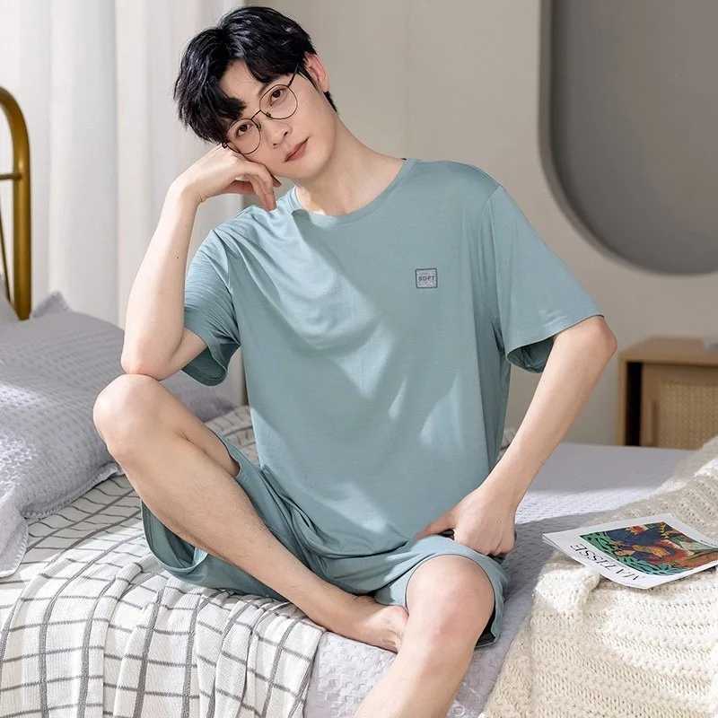 Korean Cotton Mens Loungewear 2 Pieces Set Pajamas Set Short Sleeves Sleeping Tops Pants Sleepwear Summer Casual Homewear Y240913