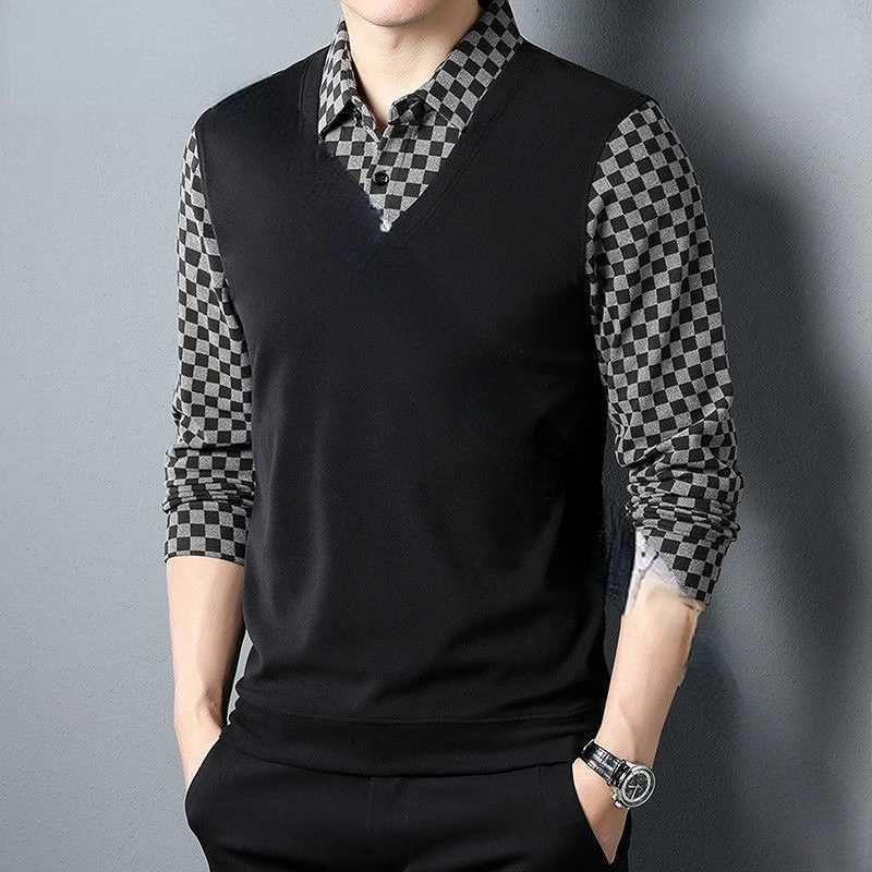 Mens fashionable plain polo shirt with spring and autumn long sleeves bottom collar splicing loose fitting and fake two mens business casual tops W240