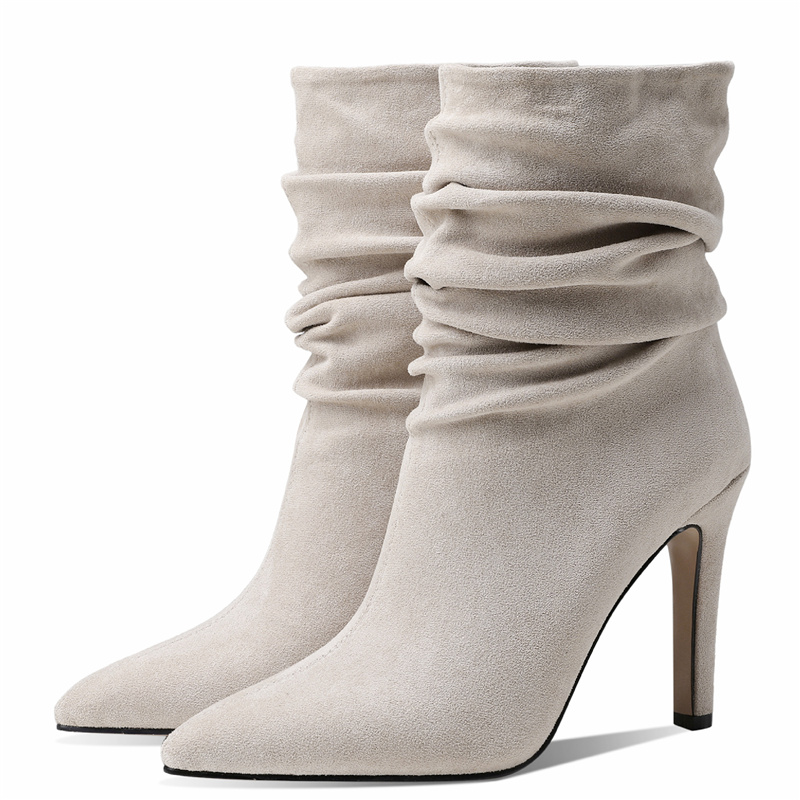 Women Suede Pleated Sexy High Heels Ankle 2023 Autumn Winter Fashion Short Boots Female Party Shoes Point Toe bb8d