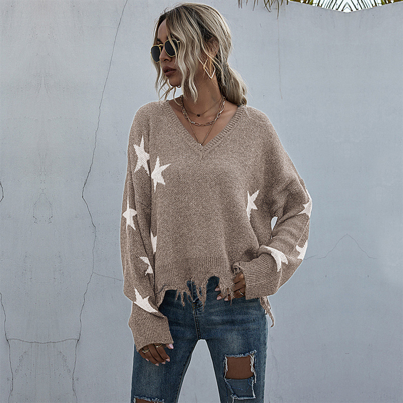 Women's Star Pattern V-neck Tassel Knitted Sweater for Autumn and Winter
